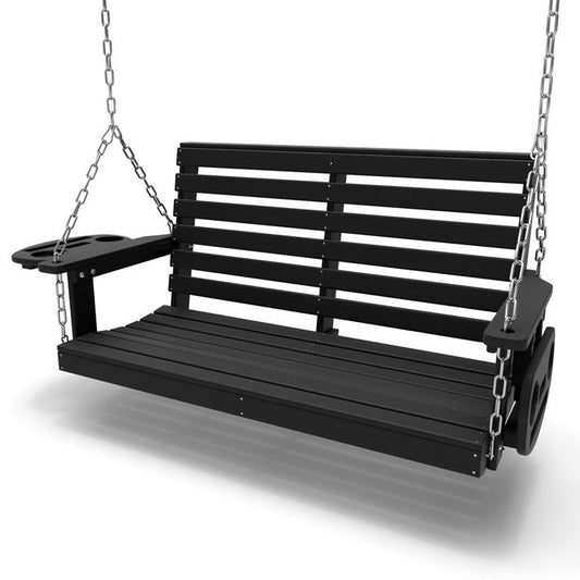 FOOWIN Outdoor Porch Swing, HDPE Patio Hanging Porch Swing with Cup Holder, Black