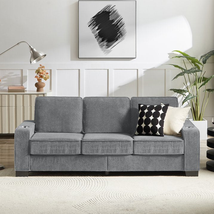 PAPROOS 3-seater Sofa for Living Room, Modern Corduroy Compressed Couch with Cup Holders, Apartments Sofa with Removable Back Cushion, Easy Assembly, Home Sofa Living Room， Gray