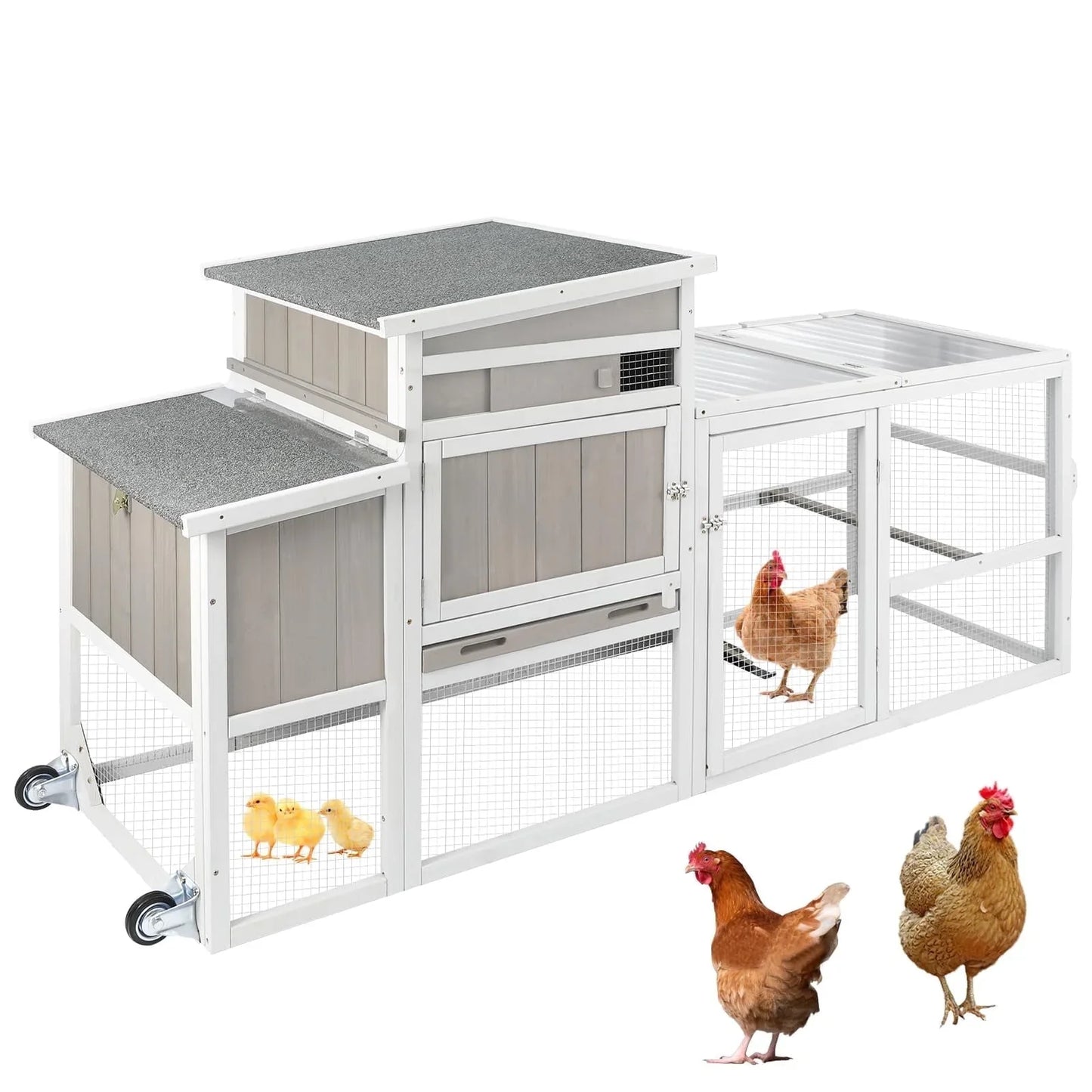 PETSCOSSET Chicken Coop with Run, Wooden Chicken House with Wheels Backyard Hen House Poultry Cage for 1-3 Chickens