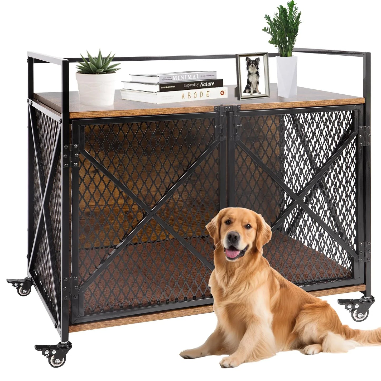 PETSCOSSET Dog Crate Furniture, 41"L Wooden Dog Kennel with Cushion
