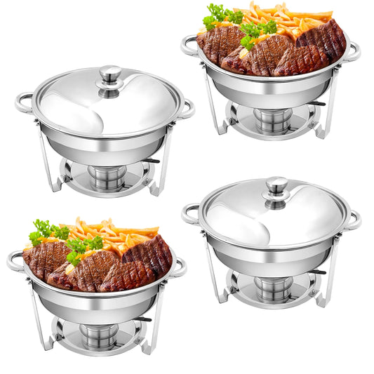 PRIJESSE 4-Pack Chafing Dish Buffet Set, 5QT Round Buffet Servers and Warmers Set, Stainless Steel Catering Food Warmer with Lid for Party