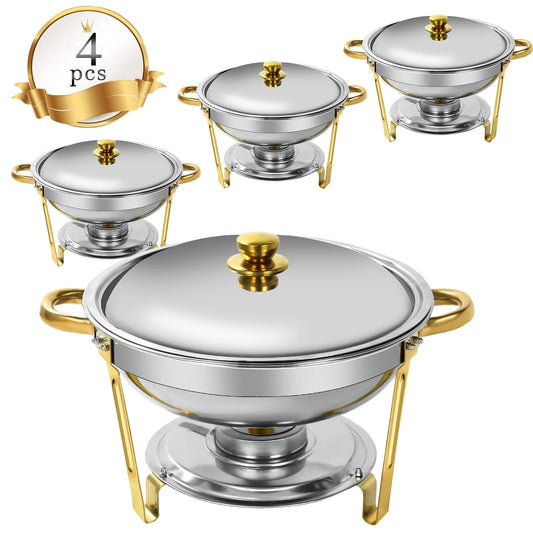 PRIJESSE 5 Qt Gold Chafing Dishes for Buffet with Stainless Steel Lid, Round Chafing Dish Buffet Set with Food and Water Pans for Catering, Parties, Hotels and Weddings, 4 Pack