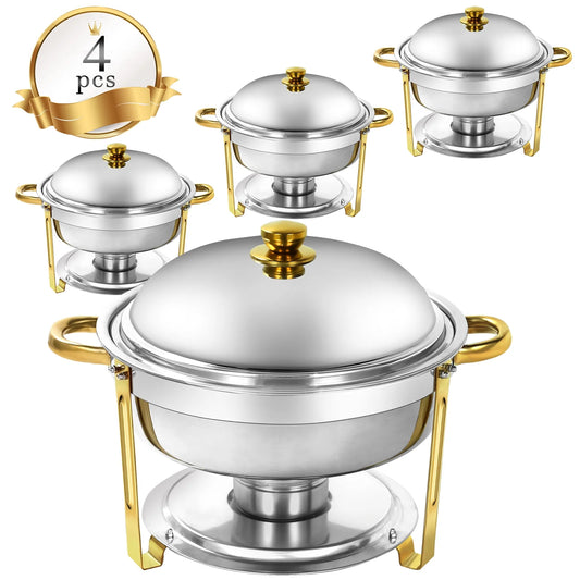 PRIJESSE 6 Qt Gold Chafing Dishes for Buffet with Stainless Steel Lid, Round Chafing Dish Buffet Set with Food and Water Pans for Catering, Parties, Hotels and Weddings, 4 Pack