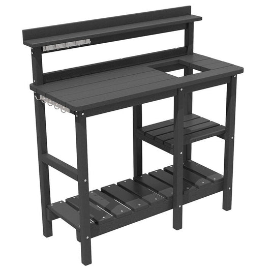 Potting Bench Outdoor Potting Table with Sink, HDPE Potting Benches for Outside Gardening Table All Weather Use, Gray