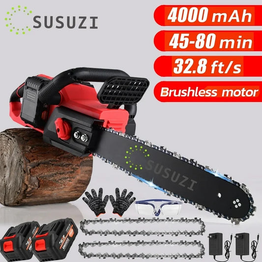 SUSUZI 16-inch 42V Battery-Powered Brushless Cordless Chainsaw Kit with 2x2000mAh Batteries, 2 Chains & Dual Chargers
