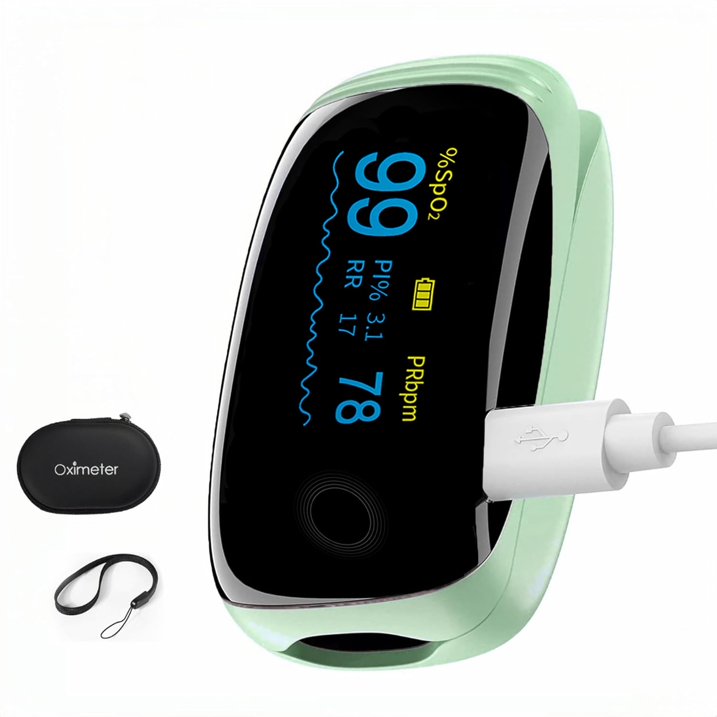 SUWU Rechargeable Pulse Oximeter Fingertip Oxygen Monitor Fingertip with SpO2 Pulse Rate and PI RR OLED Precision Fast Oximeter SpO2 Reading Outdoor Sports Home (Green)