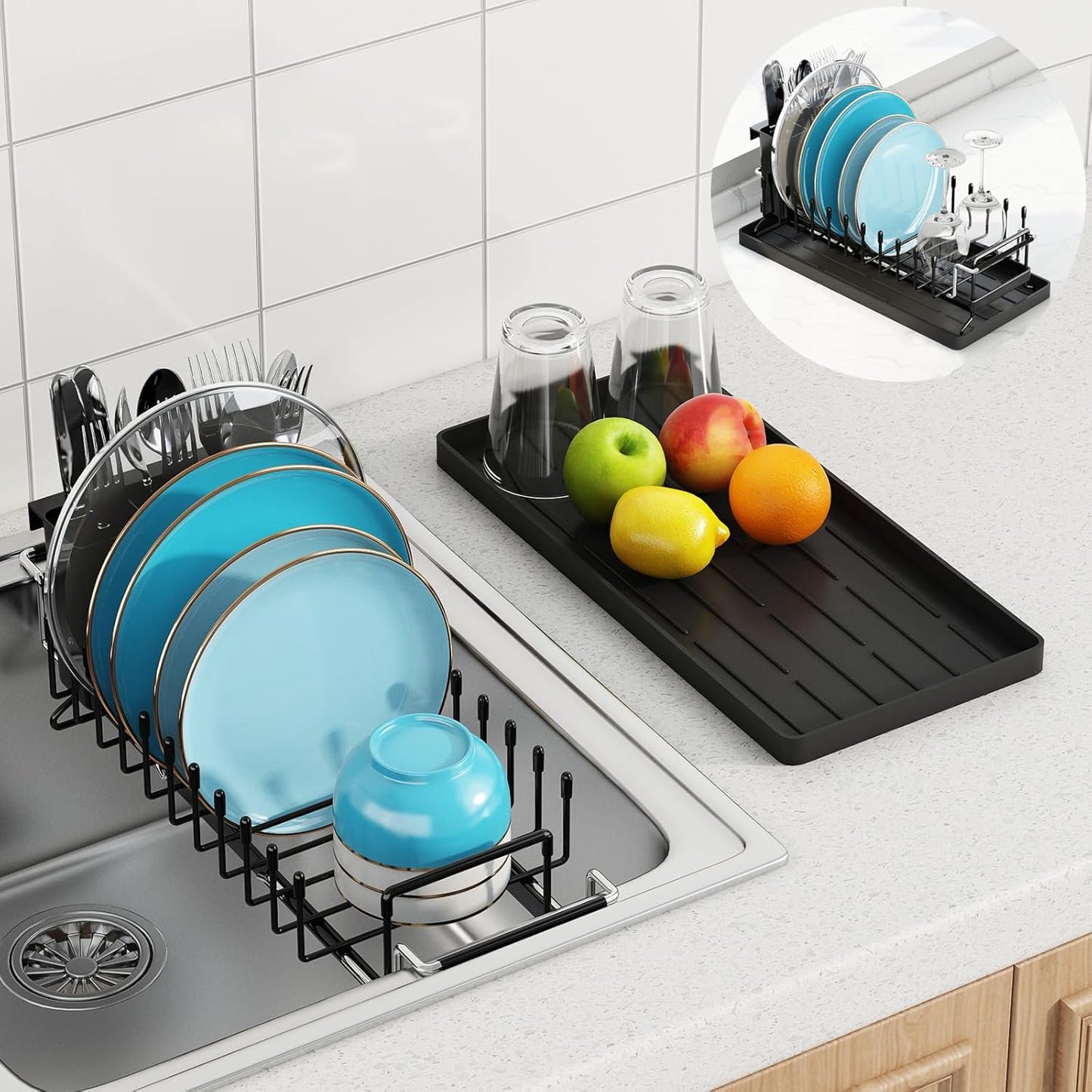 Sink Dish Drying Rack - Expandable Small Dish Rack Over Sinks with Silicone Drying Tray, Dish Drainer for Kitchen Counter with Cutlery Holder, Drying Rack Fit for 14’’-19’’ Kitchen Sink