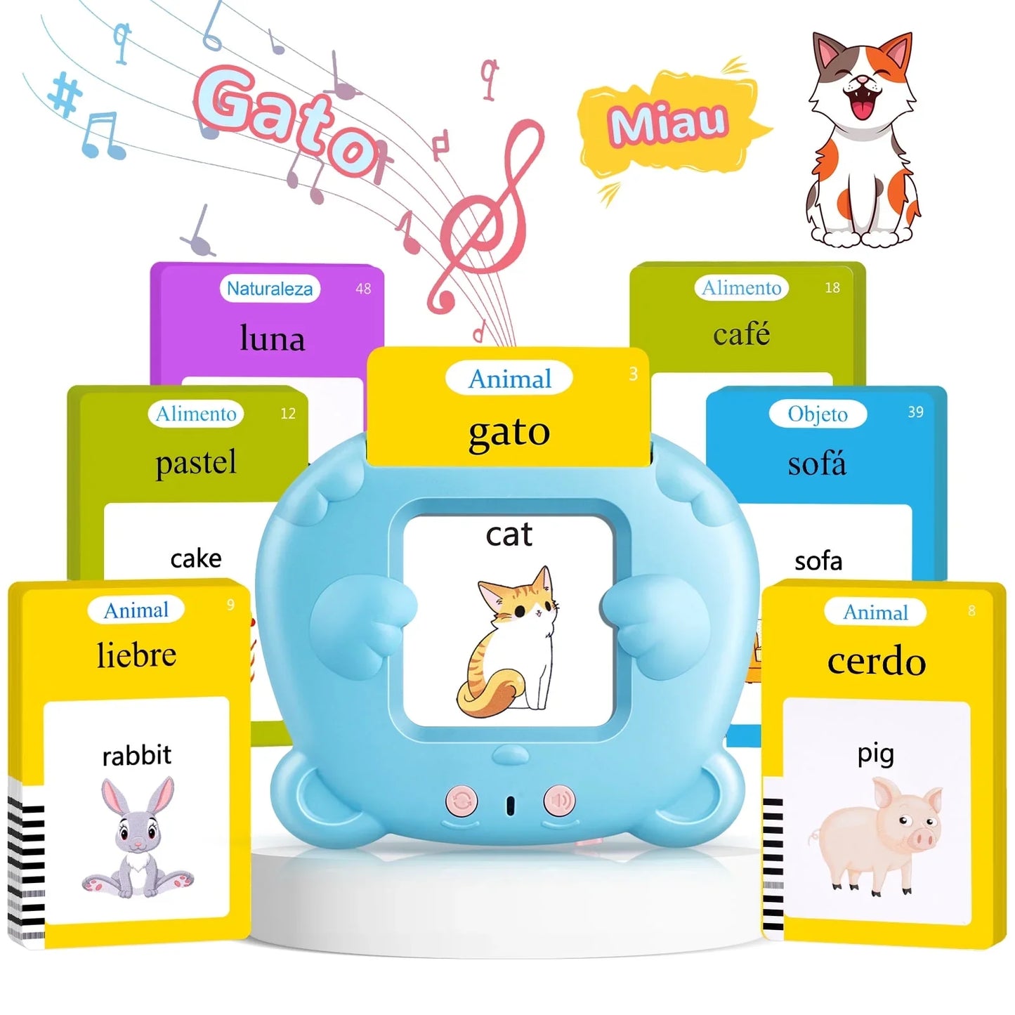 Spanish & English Talking Flash Cards for Toddlers 1 2 3 4 5 6 Toys for Kid-112 Cards 224 Words Blue