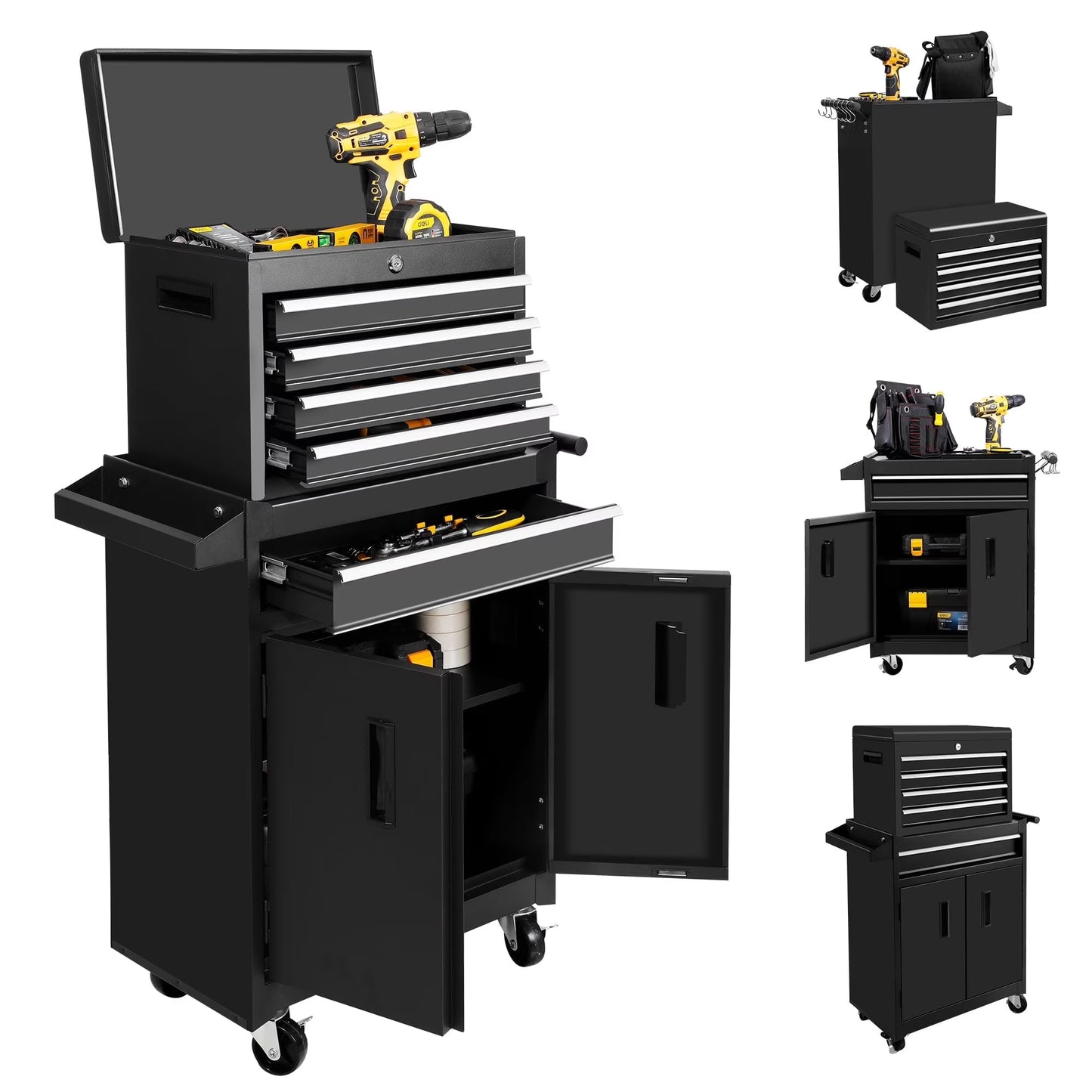 Steelite 26-Inch Tool Chest & Storage Cabinet, 5 Drawers Rolling Tool Chest with Detachable Top Tool Box for Garage Warehouse Workshop, Rolling Garage Organizer with Handle and 6 Hooks
