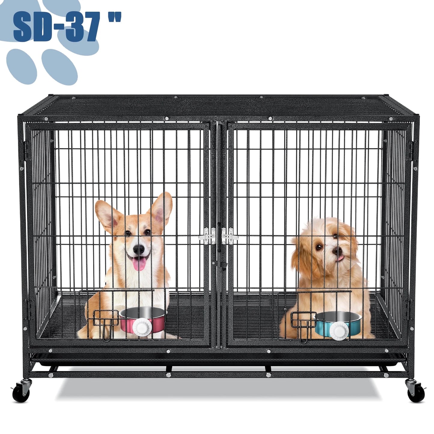 Suchown Heavy Duty Dog Crate  37 Inch Escape Proof Steel Cage for Small to Medium Dogs, Stackable Metal Kennel with Double Door, Lockable Wheels, Removable Tray  Feeding Bowls, Indoor/Outdoor Use