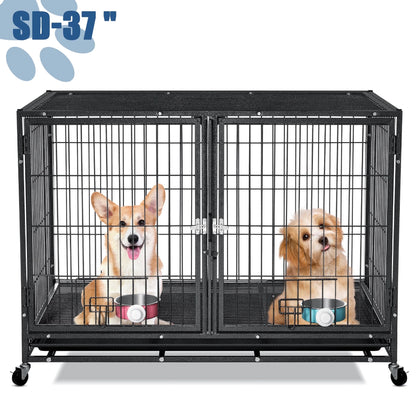 Suchown Heavy Duty Dog Crate  37 Inch Escape Proof Steel Cage for Small to Medium Dogs, Stackable Metal Kennel with Double Door, Lockable Wheels, Removable Tray  Feeding Bowls, Indoor/Outdoor Use