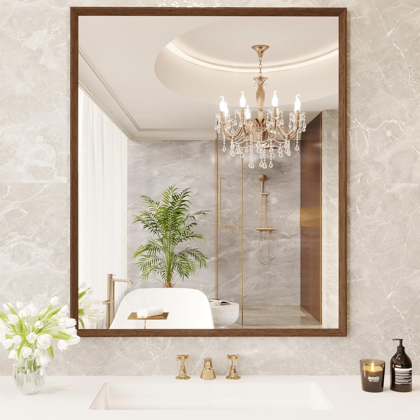 Swafrrt 22 x 30  Bathroom Wall Mirror with Walnut Wood Grain Framed, Vanity Mirror Anti Rust, Anti Fog, Waterproof