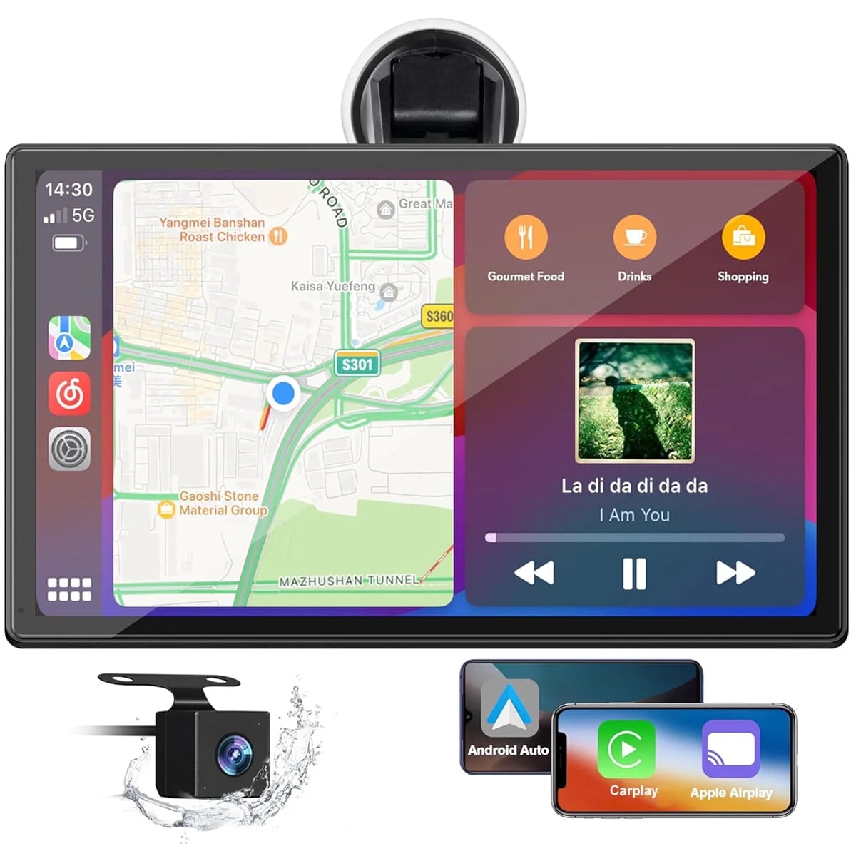 Lamtto Portable Car Stereo Wireless Apple CarPlay, 9" FHD Car Touch Sereen Radio with 1080P Backup Camera, Android Auto, Voice Control, Bluetooth, Mirror Link, GPS Navigation, Balck