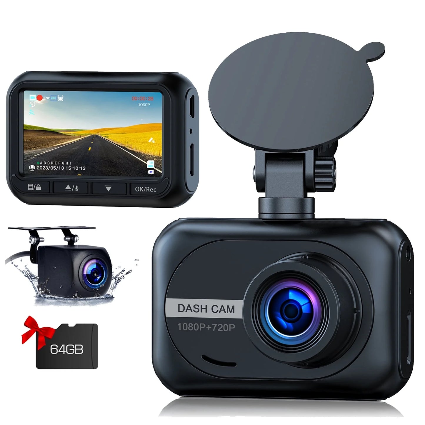 TOGUARD Dash Cam Front and Rear 1080P Full HD Car Camera,2.45 inch Dash Camera with 64GB SD Card, Super Night Vision, Parking Mode, G-Sensor, Loop Recording, WDR