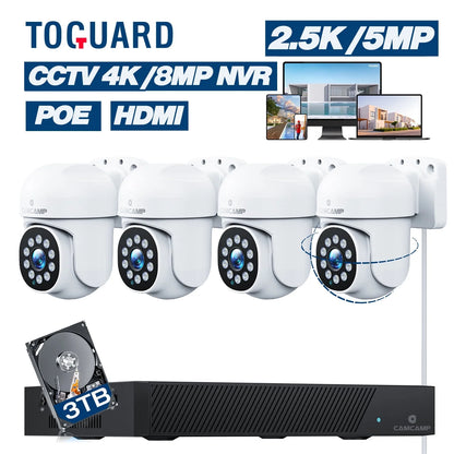 TOGUARD SC36 POE Wired Security Camera System Outdoor with 3TB Hard Drive 4K 8CH CCTV NVR 4Pcs 5MP PTZ Dome Surveillance Cameras HDMI Connector