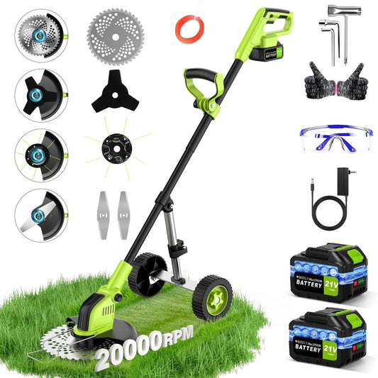Tanbaby 12-inch 21V Cordless String Trimmer, Battery Powered Weed Wacker Grass Trimmer with two 3.0Ah Battery, Electric Weed Eater with 4 Types Cutting Blades for Trimming and Edging