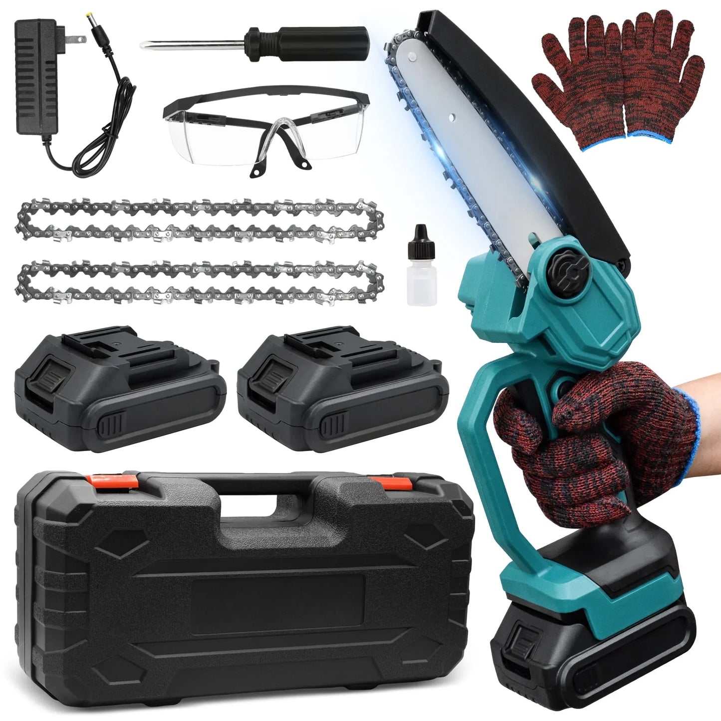 Tidymend Mini Chainsaw 6 Inch, 21 V Battery Powered Electric Chain Saw, Cordless Chainsaw with 2 Batteries  2 Chains  Charger