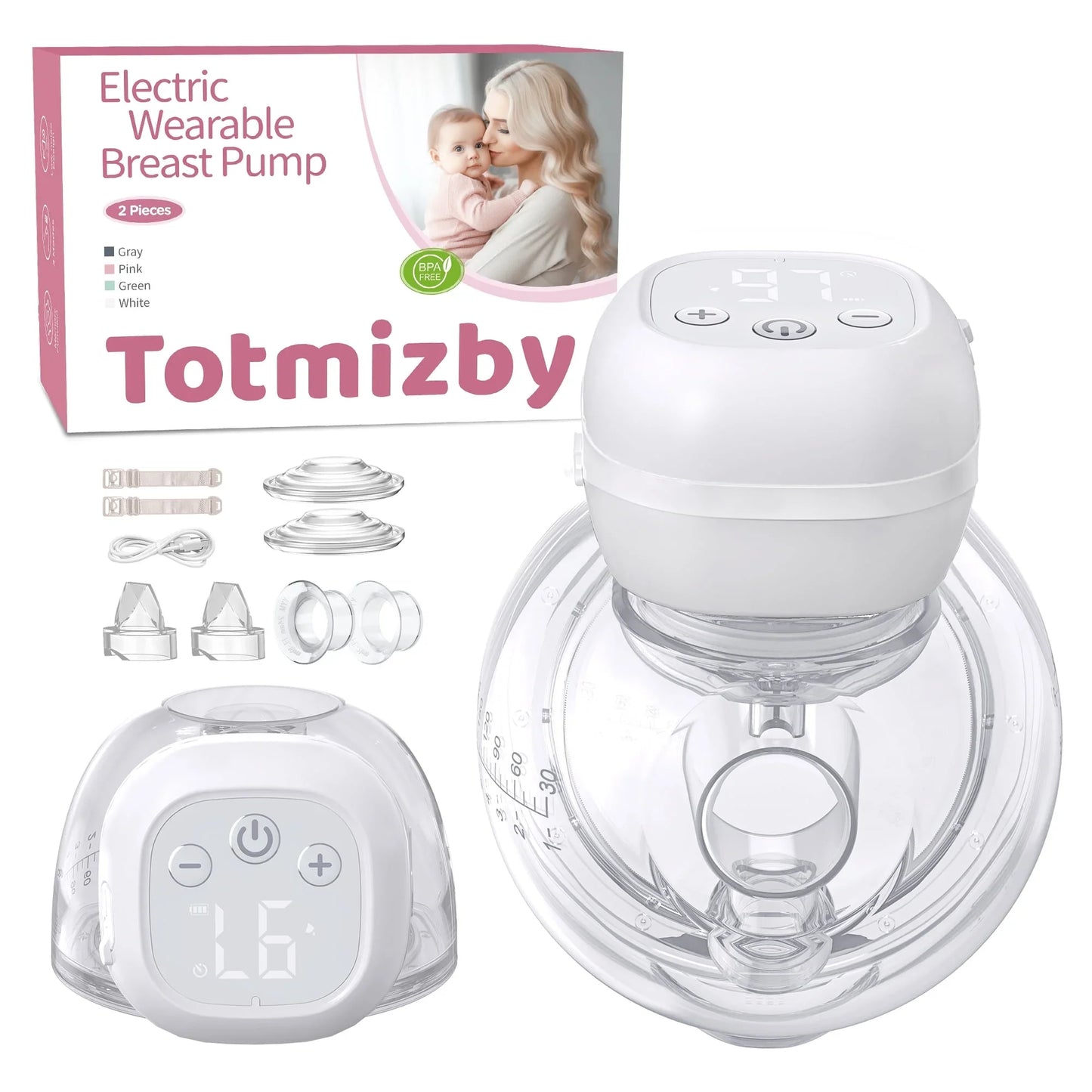 Totmizby Hands-Free Wearable Breast Pump,Electric Breast Pump with 3 Mode & 12 Levels,Portable and Low Noise-17/19/21/24mm Flange,2 Pack(White)