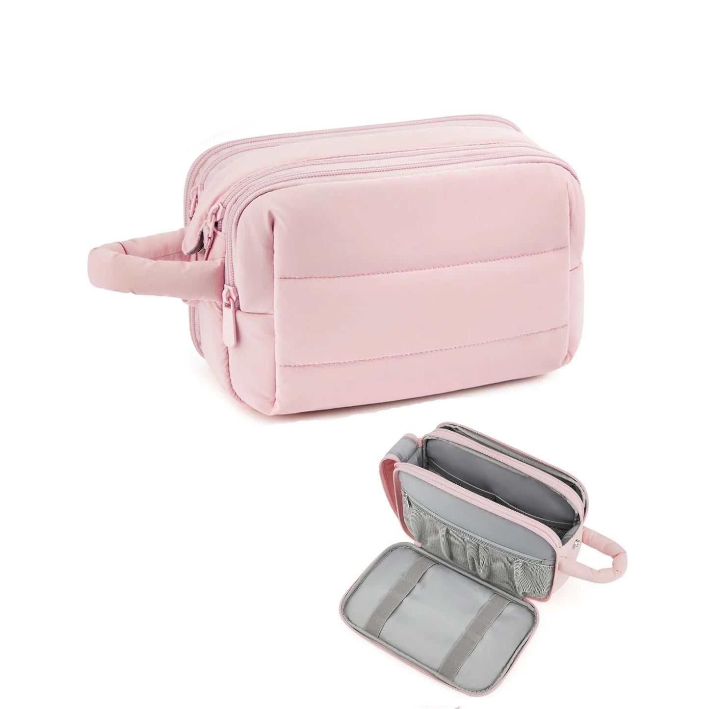 Travel Toiletry Bag for Women, Puffy Cosmetic Makeup Bag Organizer, Large Wide-open Travel Bag for Toiletries, Dopp Kit Water-resistant Shaving Bag for Accessories-Pink