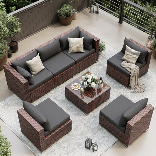 UDPATIO Patio Furniture Sets, Modular Rattan Outdoor Patio Sectional Furniture Sofa Set, Wicker Patio Conversation Set for Backyard, Deck, Poolside w/Glass Coffee Table, 7PC Grey