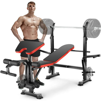 VIBESPARK Adjustable 6-In-1 Weight Bench, 600lbs Foldable Workout Bench with Barbell Rack & Leg Extension for Home Gym, Multi-Function Strength Training Bench Press Exercise Equipment
