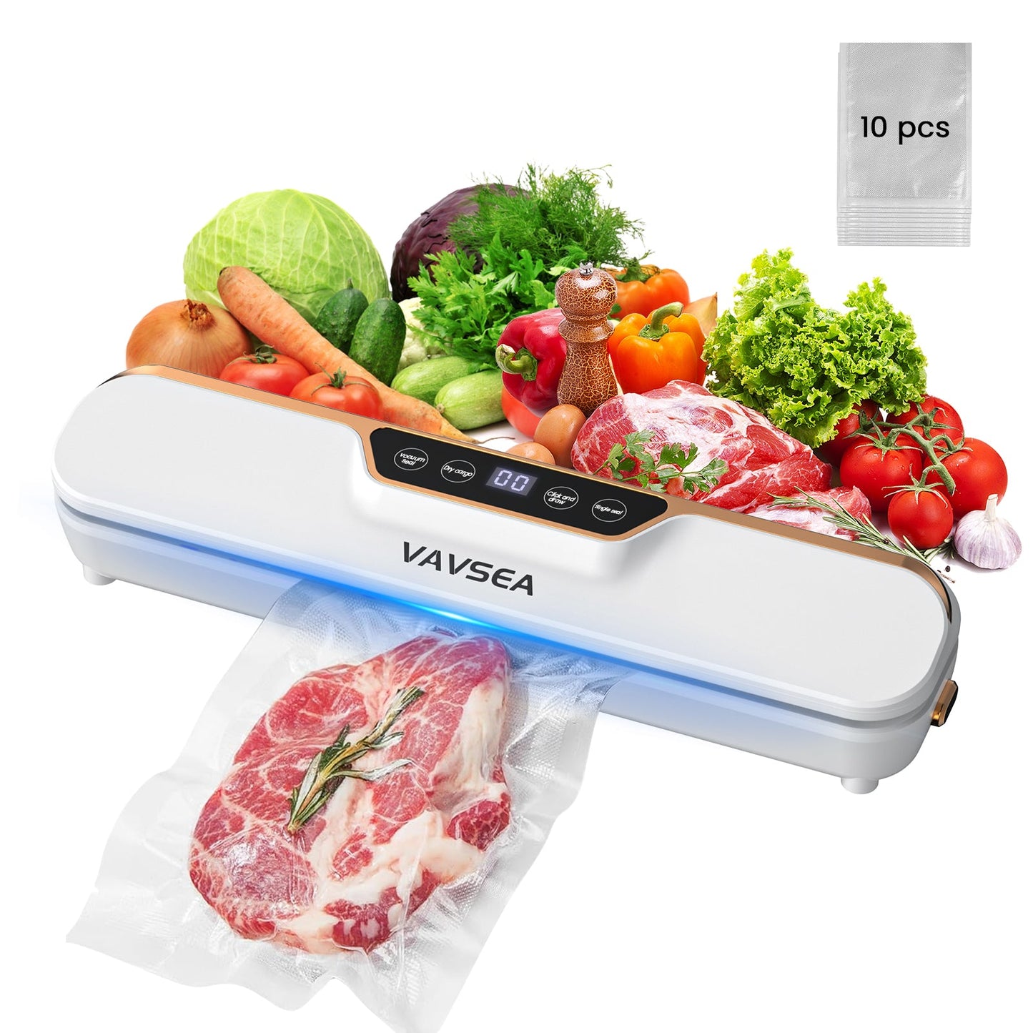Vacuum Sealer, 62Kpa Food Sealer Machines with 4 Modes, Dry/Draw/Seal/Vac and 10Pcs Bags Starter Kit for Dry & Moist Food Storage Sous Vide