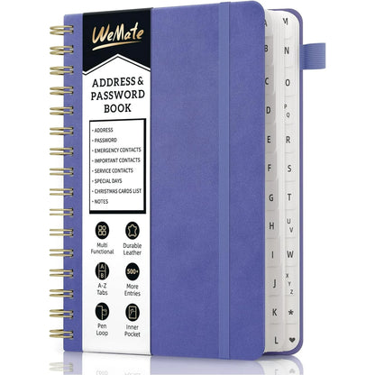 WEMATE Spiral Address Book with Alphabetical Tabs, Password Book,5.8″×8.2″, Large Print for Seniors, Purple