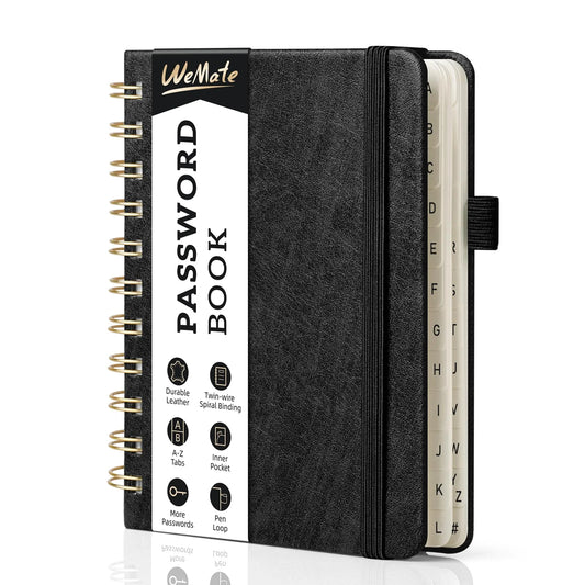 WEMATE Spiral Password Book with Alphabetical Tabs, Small Password Keeper Book ,Internet Password Notebook – 4.7''x 6'' (Black)