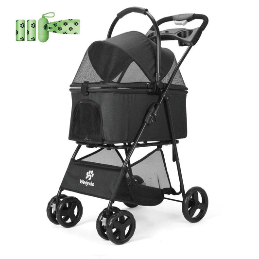 Wedyvko Pet Stroller with 4 Wheels, Foldable Pet Travel Carrier for Small/Medium Dogs Cats up to 50lbs, Detachble Portable Pet Bag, Storage Basket, Car Seat 3 in 1 Multifunctional,Black
