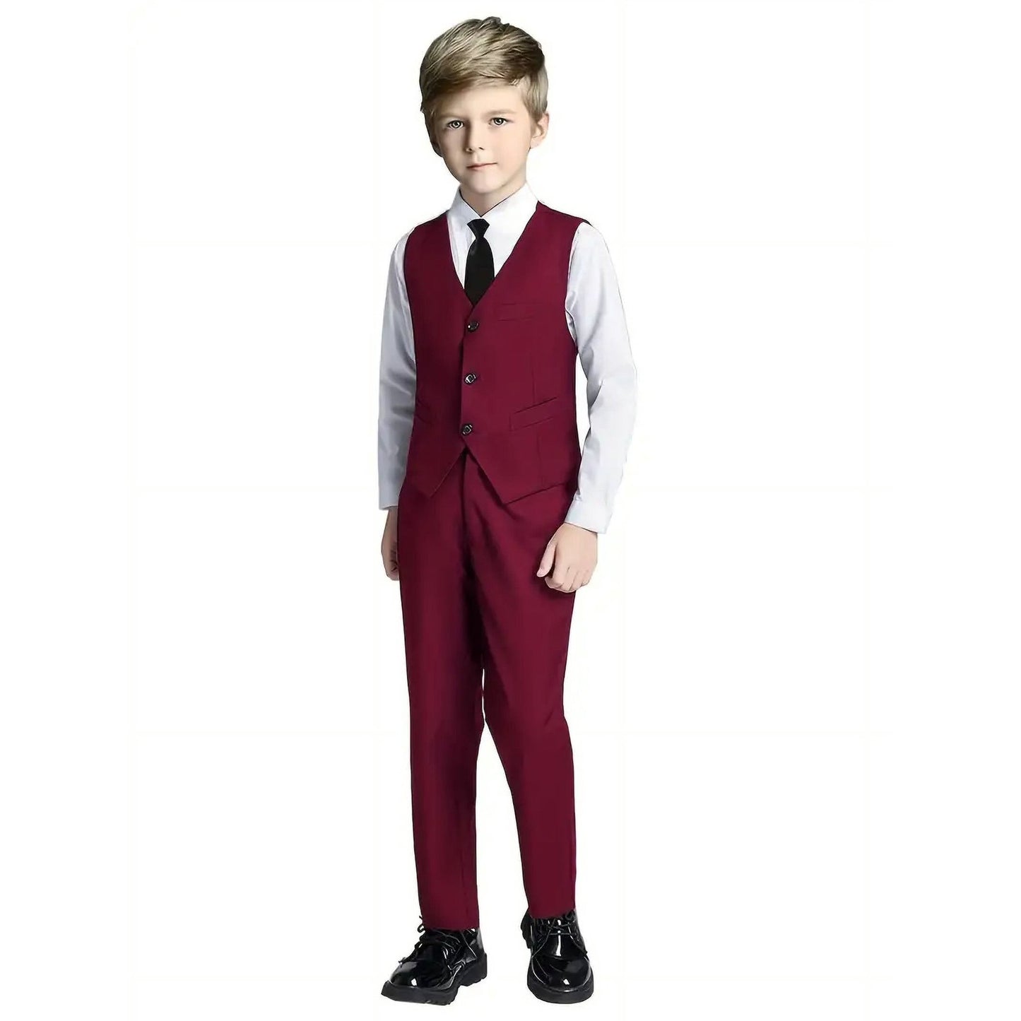 Wehilion Boys Suit 4PC Baby Suits Wedding Party Vest Suit Set Little Gentleman Waistcoat Prom Tuxedo Dress suit Outerwear Party Vest+Shirt+Tie+Pants Outfits Clothes Set for Kids Wine red 12