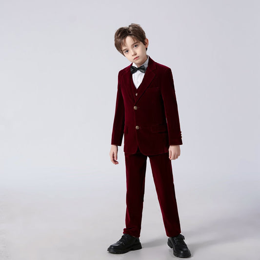 Wehilion Boys Velvet Blue Suits 5 Piece Slim Fit Dress Suit Set for Wedding