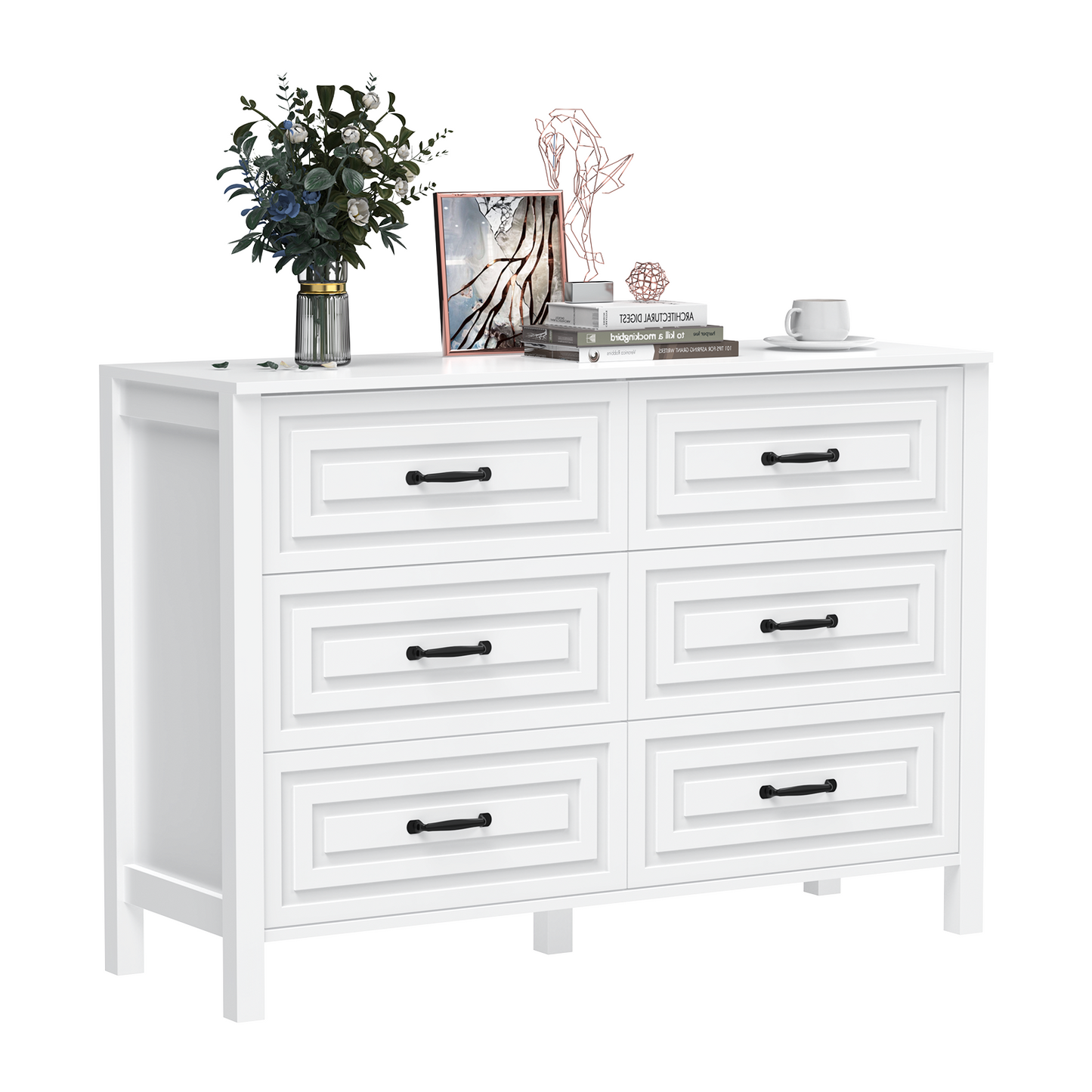 White Dresser for Bedroom with 6 Drawers,Modern Chest of Drawers Wide Wooden Double Dresser for Closet Living Room Entryway