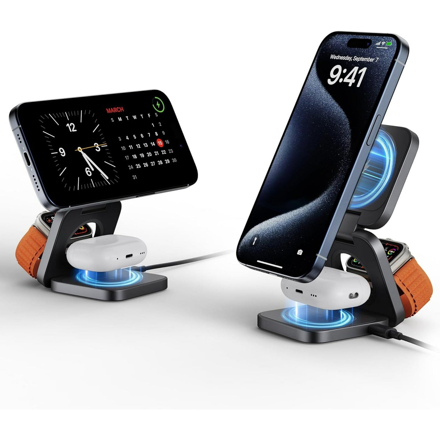 3-in-1 Wireless Charger Stand, 15W Magnetic Charger Wireless Fast Charging Station for iPhone 15/1413/12 Series, Aluminum Alloy 5W Charger for Apple Watch, AirPods, USB-C Charging Cable Included