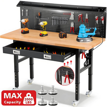 Workbench for Garage,ENJOYWOOD Heavy Duty 60 inch Wood Work Bench with Drawers,Led Lights, Pegboard and Wheels,Rubber Wood Tabletop,2000 LBS Load Bearing Workstation Garage Desk Table Worktable