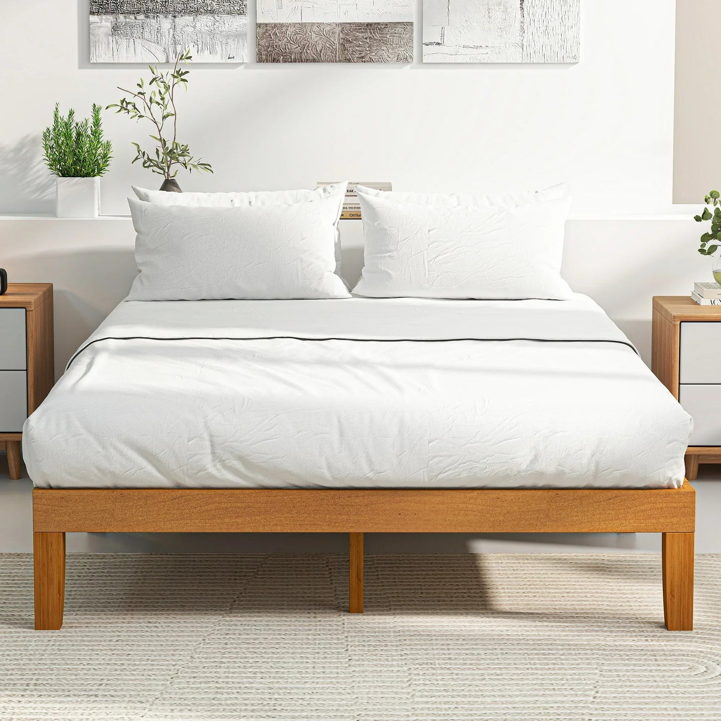 ZUNMOS 12 IN Full Size Solid Wood Bed Frame with Wood Slat Support, Sturdy, No Box Spring Needed, Natural Pine
