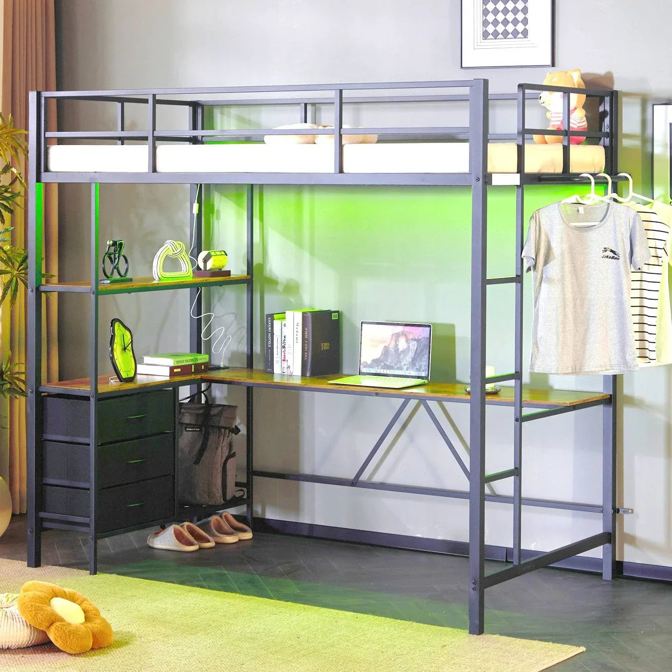 Zimtown Twin Loft Bed Frame with L Shaped Desk, Metal Bed w/ LED Light and Charging Station, Black