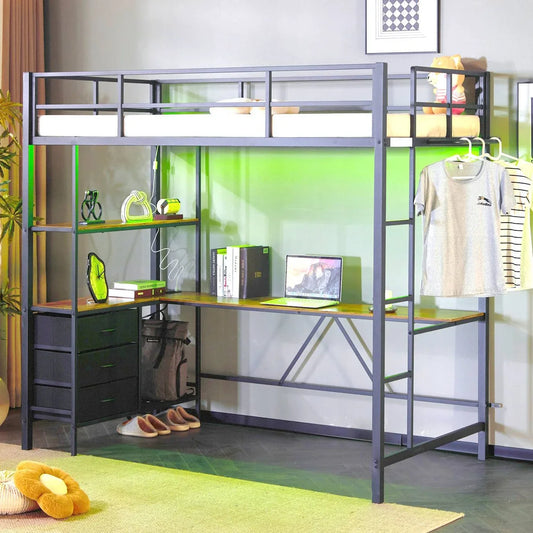 Zimtown Twin Loft Bed Frame with L Shaped Desk, Metal Bed w/ LED Light and Charging Station, Black
