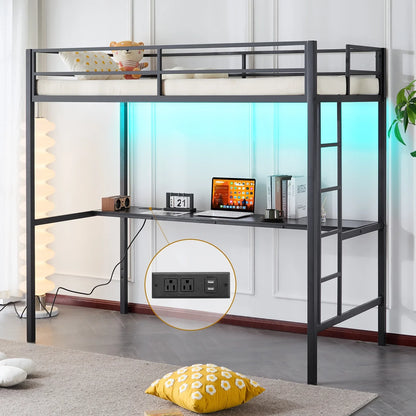 Twin Metal Loft Bed Frame with LED Lights&Charging Station&Desk,Bunk Bed For Kids, Adult, No Box Spring Needed,Black