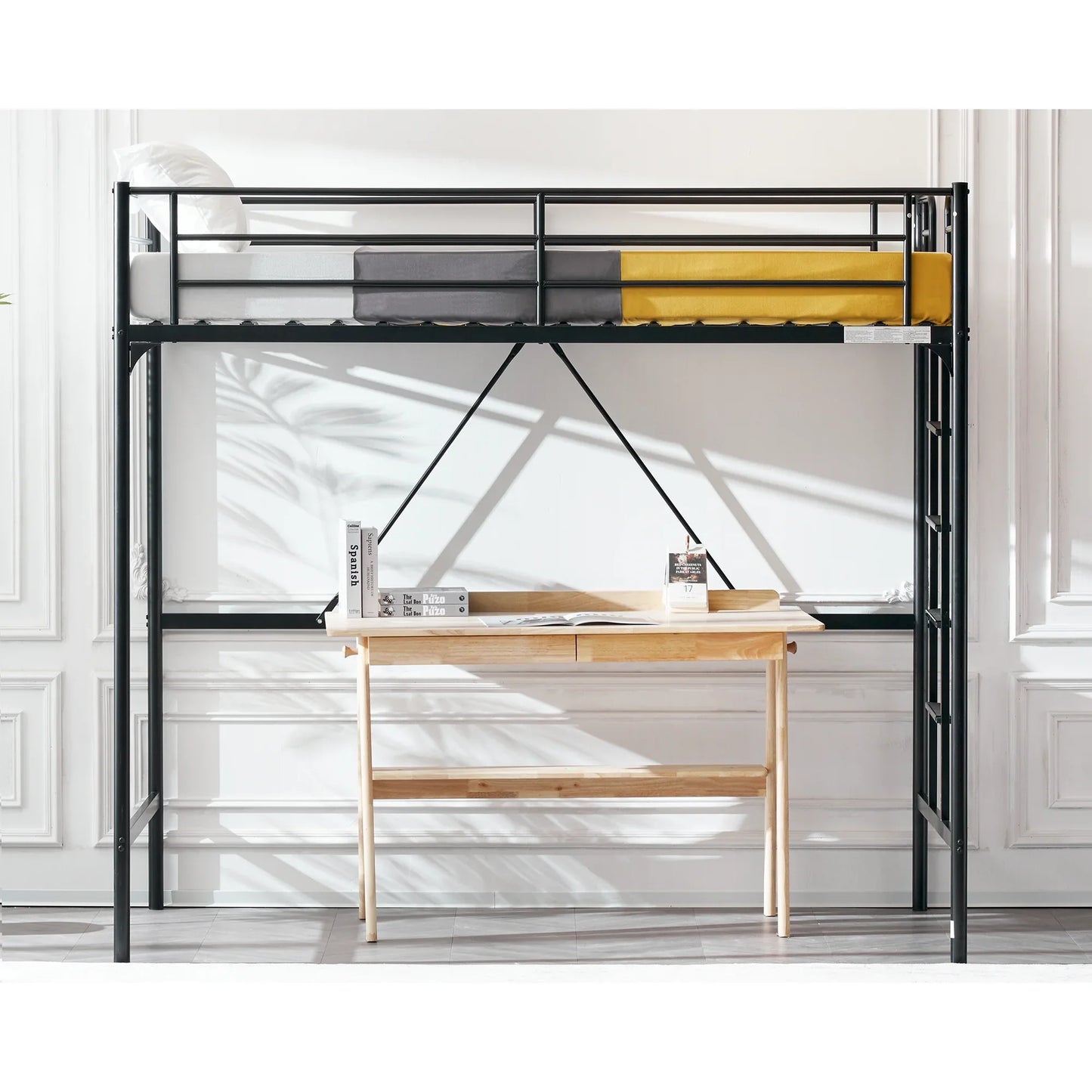 Zimtown Twin Loft Bed with Ladder Metal Bunk Bed with Flat Step Ladder for Kids Teens Adults, Black