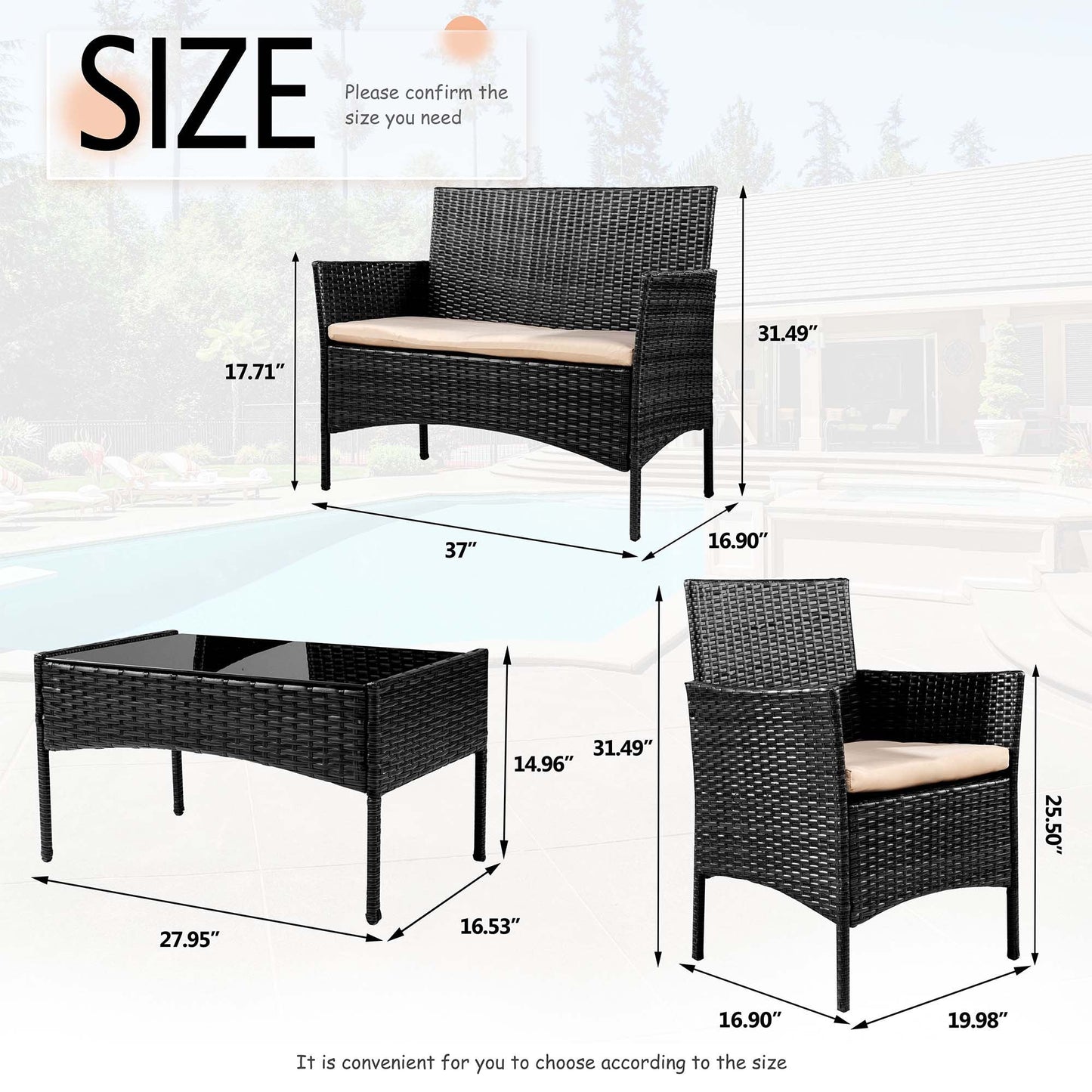 Carpet 4PCS Patio Rattan Wicker Furniture Conversation Set with Loveseat Sofa and Table for Garden Yard,Black