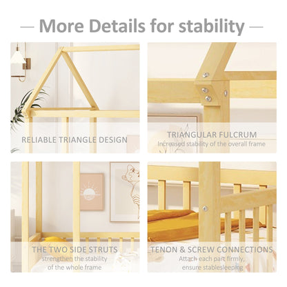 VLDTDRDI Twin Floor Bed with Door and High Fence,Pine Wood Kids Bed,House Bed for Kids, Girls, Boys, Floor Bed Without Slats,Natural