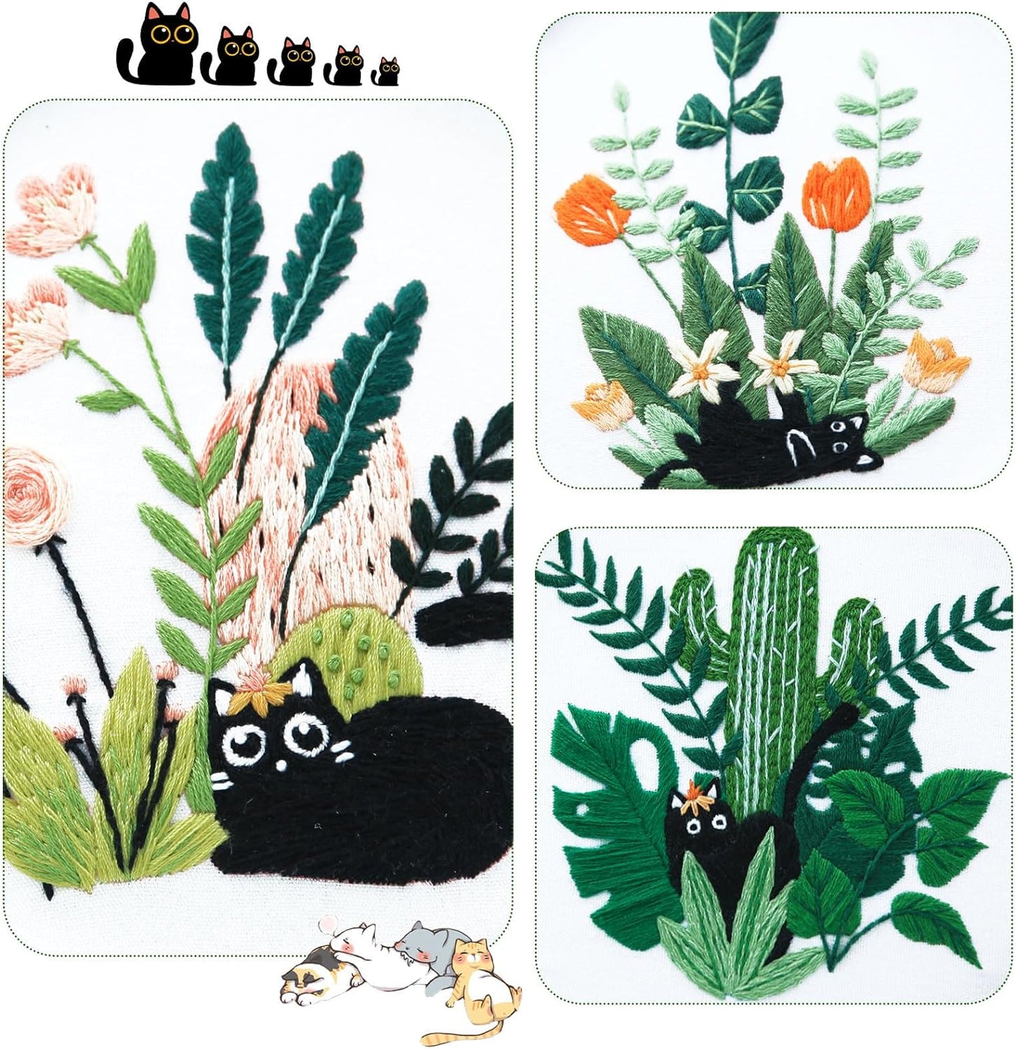 3 Pack Embroidery Kit for Beginners, Sewing Cross Stitch Starter Set Craft Stamped Cloth with Cute Cat Pattern Hoops Threads and Needles