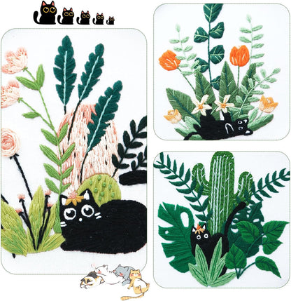 3 Pack Embroidery Kit for Beginners, Sewing Cross Stitch Starter Set Craft Stamped Cloth with Cute Cat Pattern Hoops Threads and Needles