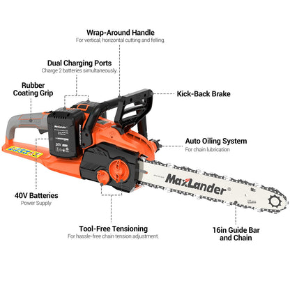 MAXLANDER 40V Cordless Brushless Chainsaw 16 Inch Electric Battery Powered with 4.0Ah Lithium Battery and Charger Quiet Auto-oiling Tool-less Tensioning
