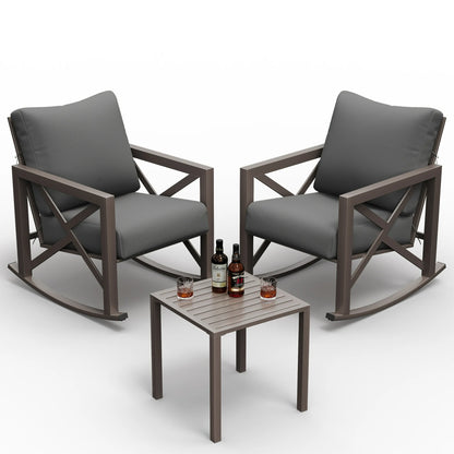 UDPATIO Rocking Chair Bistro Set, 3 Piece Outdoor Patio Furniture Set with 2 Rockers and 1 Metal Coffee Table with Thick Cushions for Porch, Backyard, Poolside, Grey