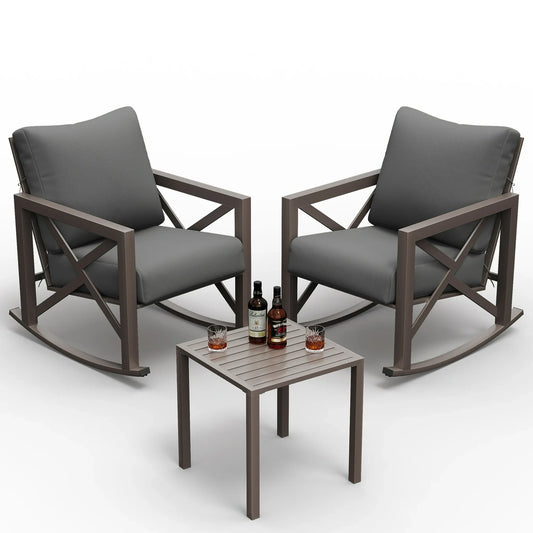 UDPATIO Rocking Chair Bistro Set, 3 Piece Outdoor Patio Furniture Set with 2 Rockers and 1 Metal Coffee Table with Thick Cushions for Porch, Backyard, Poolside, Grey