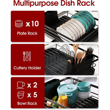 Dish Drying Rack - Stainless Steel Dish Rack with Drainboard for Kitchen Counter and Sink, Large, Black