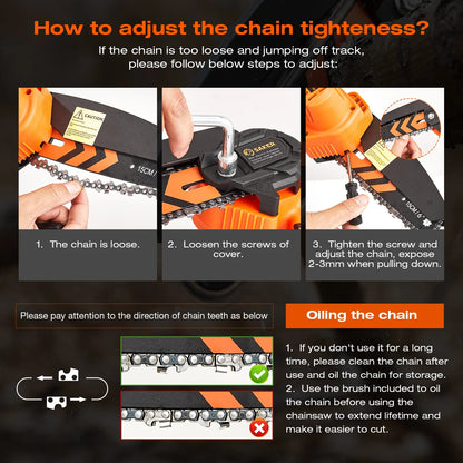 Saker 6 inch Cordless Mini Chainsaw with 2 22V 1500mAH Batteries, Portable Handheld Chainsaw with LED Indicator for Tree Trimming, Gardening, and Household Use, Orange