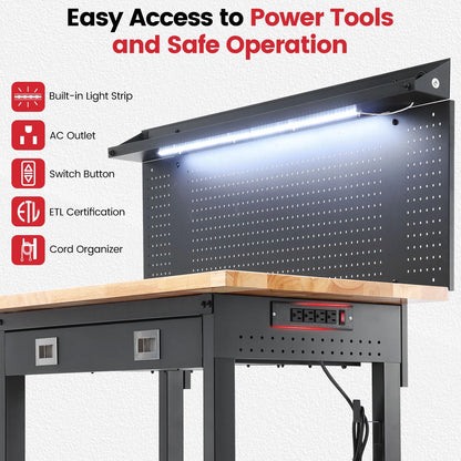 Workbench for Garage,ENJOYWOOD Heavy Duty 60 inch Wood Work Bench with Drawers,Led Lights, Pegboard and Wheels,Rubber Wood Tabletop,2000 LBS Load Bearing Workstation Garage Desk Table Worktable