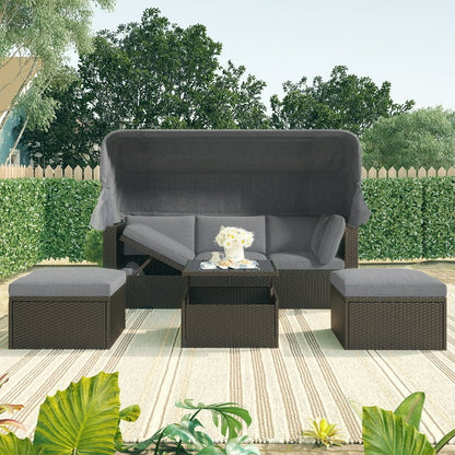 Patio Sectional Daybed, Outdoor Wicker Furniture Set with Retractable Canopy, Sectional Sofa Set w/Height Adjustable Table  Cushions for Patio Deck Poolside Garden Backyard